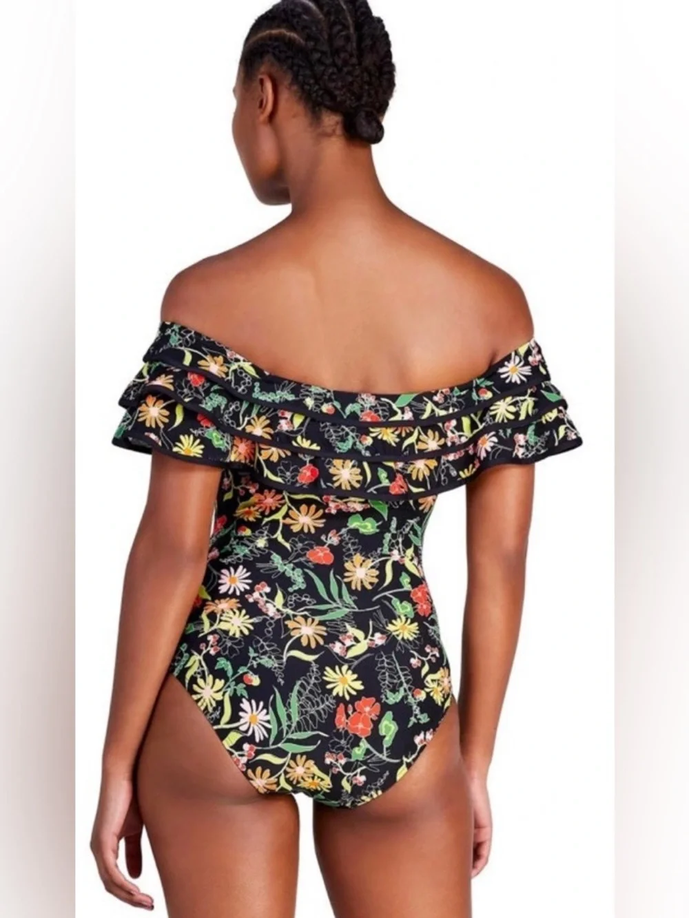 KATE SPADE Black Floral Off-Shoulder Ruffle‎ One-Piece Roof top Garden. XS.